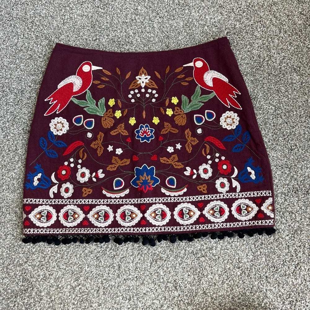 Altar'd State Maroon Embroidered Pom-Pom Linen Cotton Mini Skirt, Size‎ Medium
